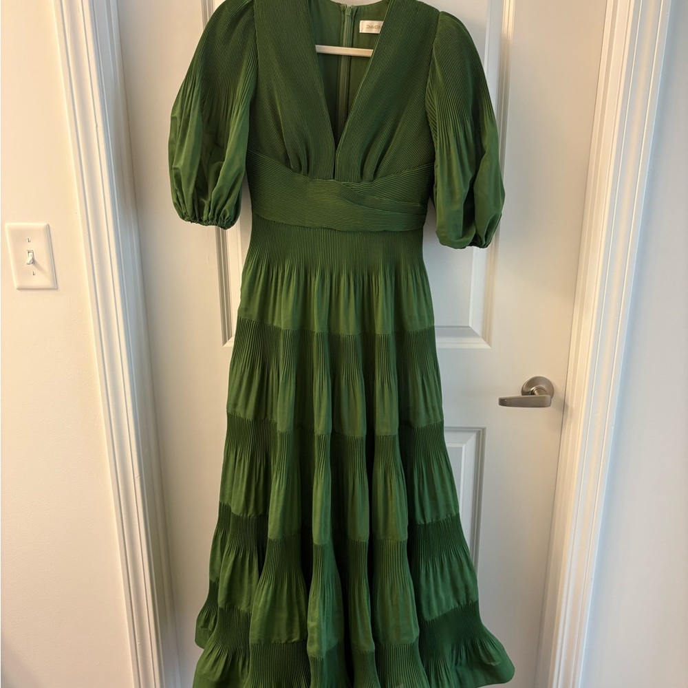 Zimmermann Olive Green Puff-Sleeve Tiered Maxi Dress